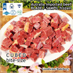 Beef BLADE Australia frozen daging sapi sampil portioned cubed/dadu RENDANG / CURRY BITE-SIZE 2cm 5/8" (price/pack 600g +/-50pcs) brand in stock AMH